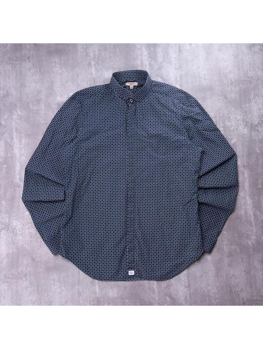 Y2K Navy Burberry London Geometric Pattern Long Sleeve Button Up Shirt